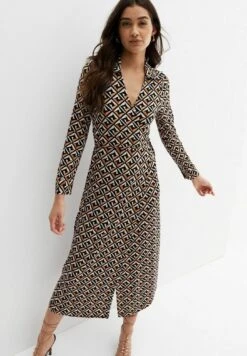 New Look Geometric Collared Long Sleeve Midi Wrap- Jurk - Brown Pattern