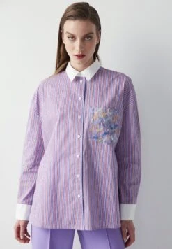 Ipekyol Oversize Striped Poplin With Embroidered Pocket - Overhemd - Lilac
