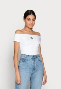 Calvin Klein Jeans Monogram Slim Bardot Top - T-Shirt Print - White
